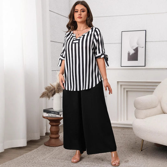 Plus Size Casual Striped Top and Wide Leg Pants Set