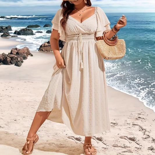 Plus Size Elegant V-Neck Long Sleeve Waist-Cinching Dress