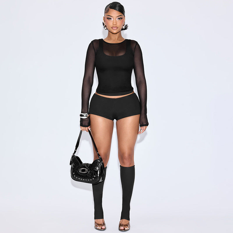 Plus Size Solid Color Mesh 4-Piece Set