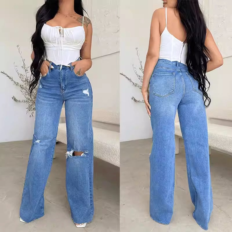 Plus Size High Waist Wide Leg Casual Denim Jeans