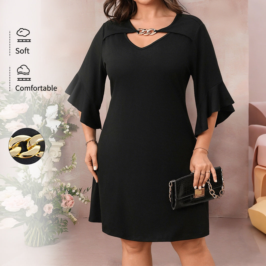 Plus Size Elegant V-Neck A-Line Midi Dress