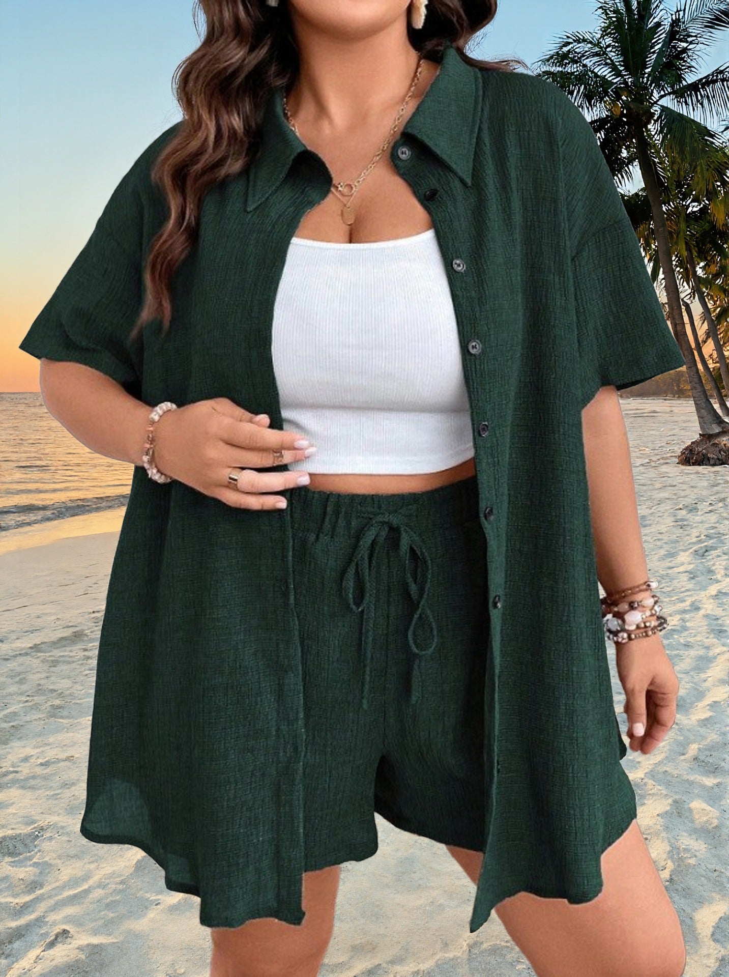 Plus Size Solid Color Vacation Button-Up Cardigan Shorts Set