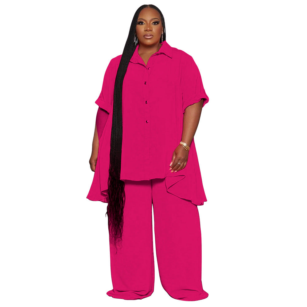Plus Size Minimalist Button Top Wide Leg Pants Set
