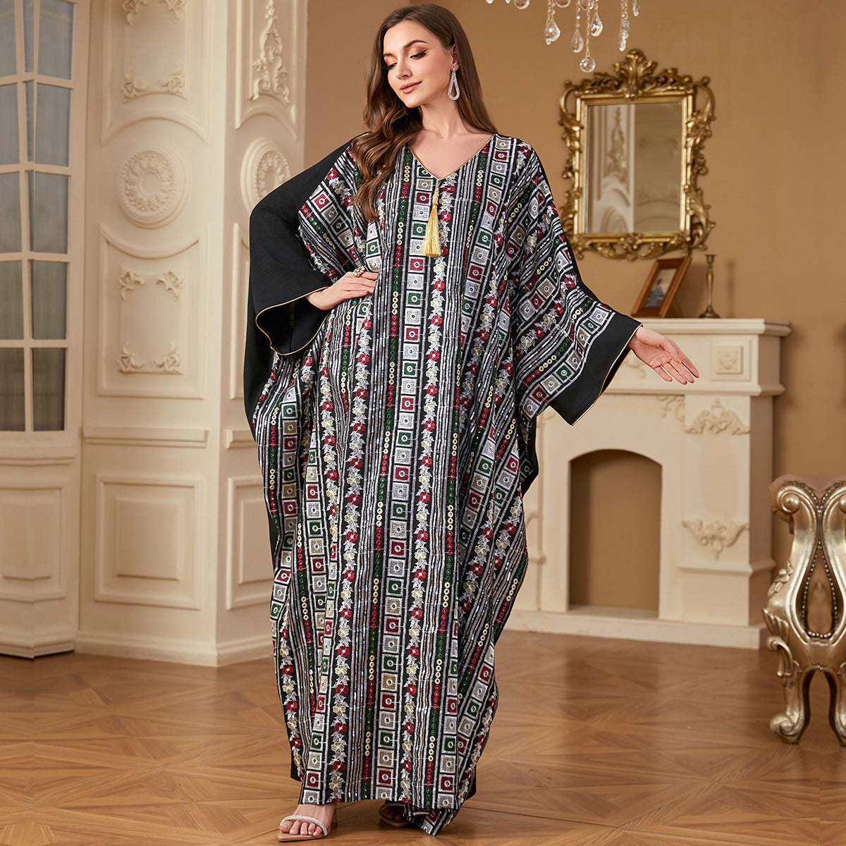 Plus Size Long Dress Batwing Sleeve Embroidered