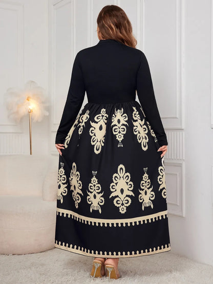 Plus Size Printed Mock Neck Midi Dress