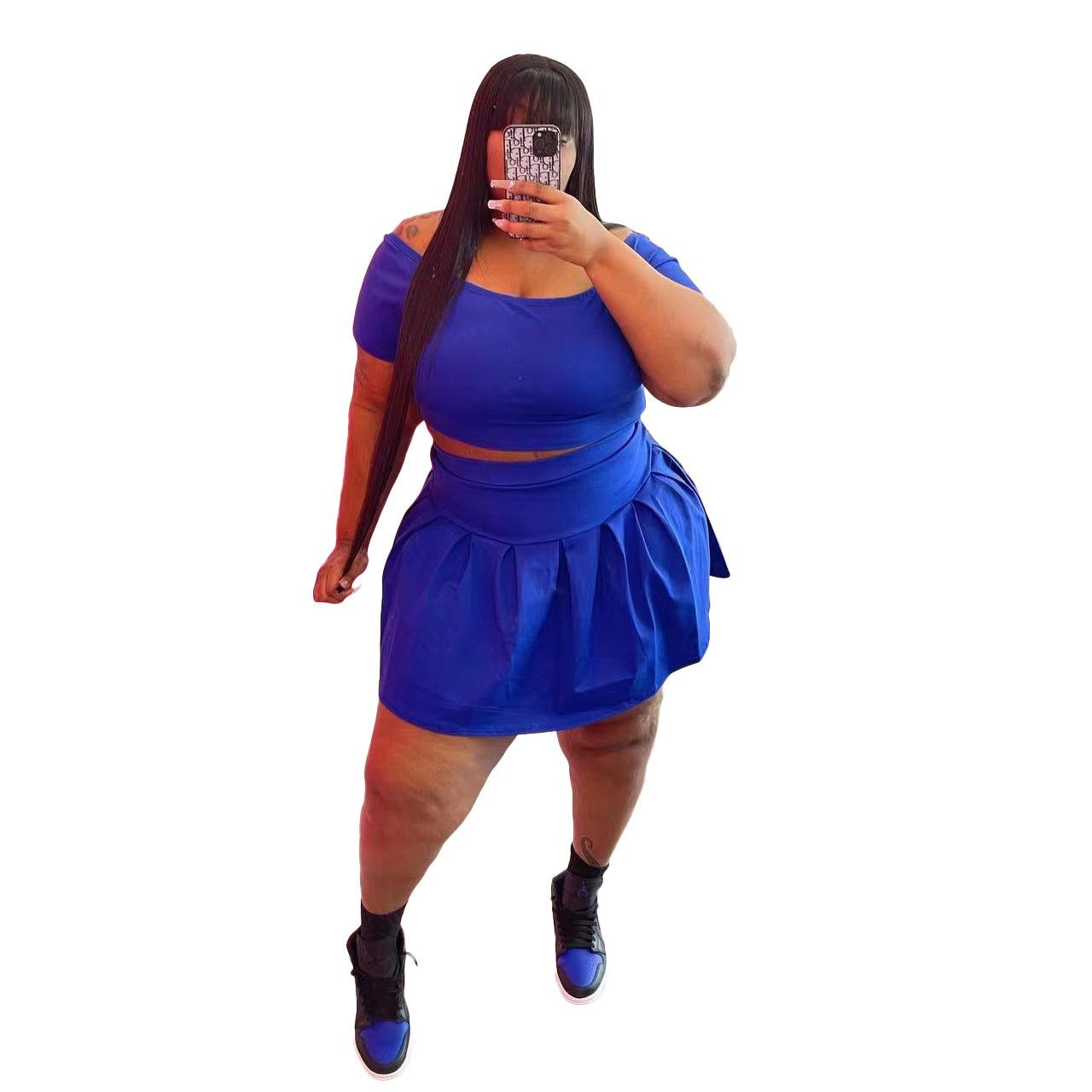 Plus Size Pleated Skirt Two Piece Set