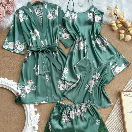 Plus Size Lace Satin 4-Piece Sleepwear Set