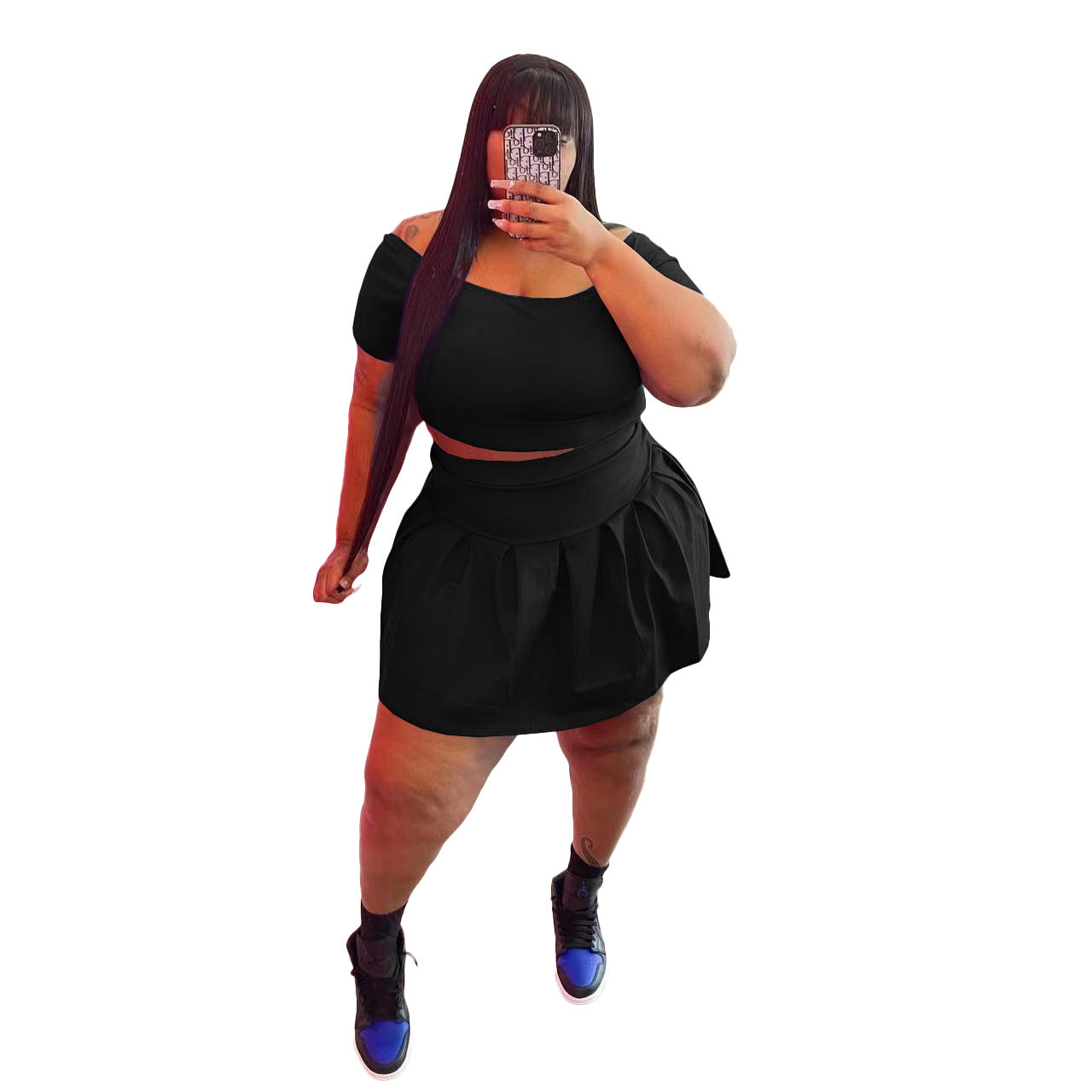 Plus Size Pleated Skirt Two Piece Set