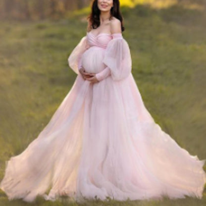 Maternity Plus Size Dress with Bubble SleevesOff-Shoulder Mesh Fabric Flared Skirt, Long Dress - Plus Size Clothing