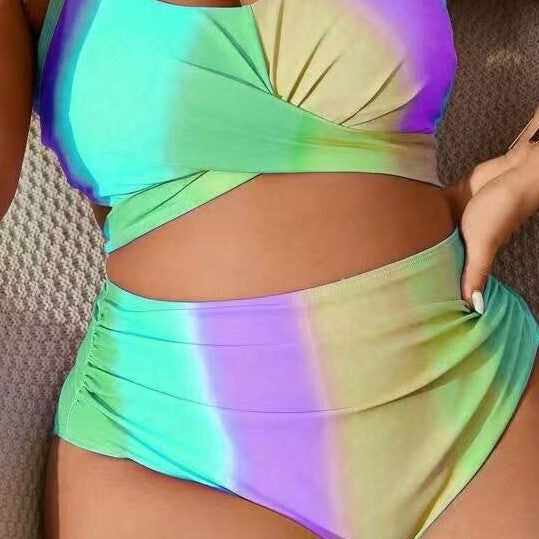Plus Size Rainbow Stripe Two-Piece Bikini Swimwear