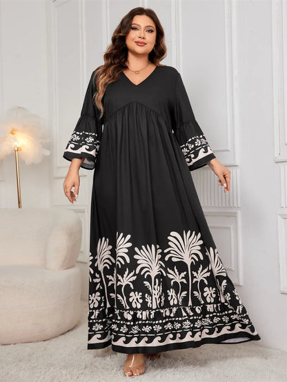 Plus Size Printed V-Neck Long Sleeve Maxi Dress - Plus Size Clothing