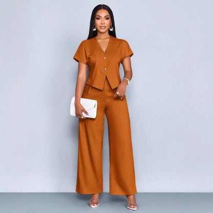 Plus Size V-Neck Cardigan Wide Leg Pants Two-Piece Set