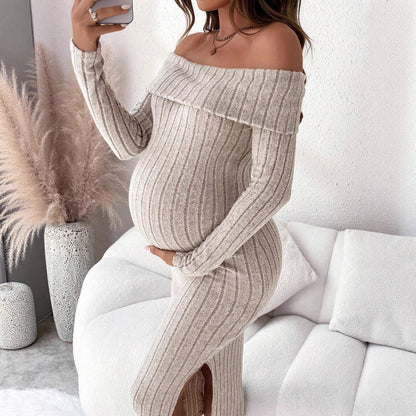 One-Shoulder Off-Shoulder, Fitted Bodycon Long Sleeve Knit Maternity Dress - Plus Size Clothing