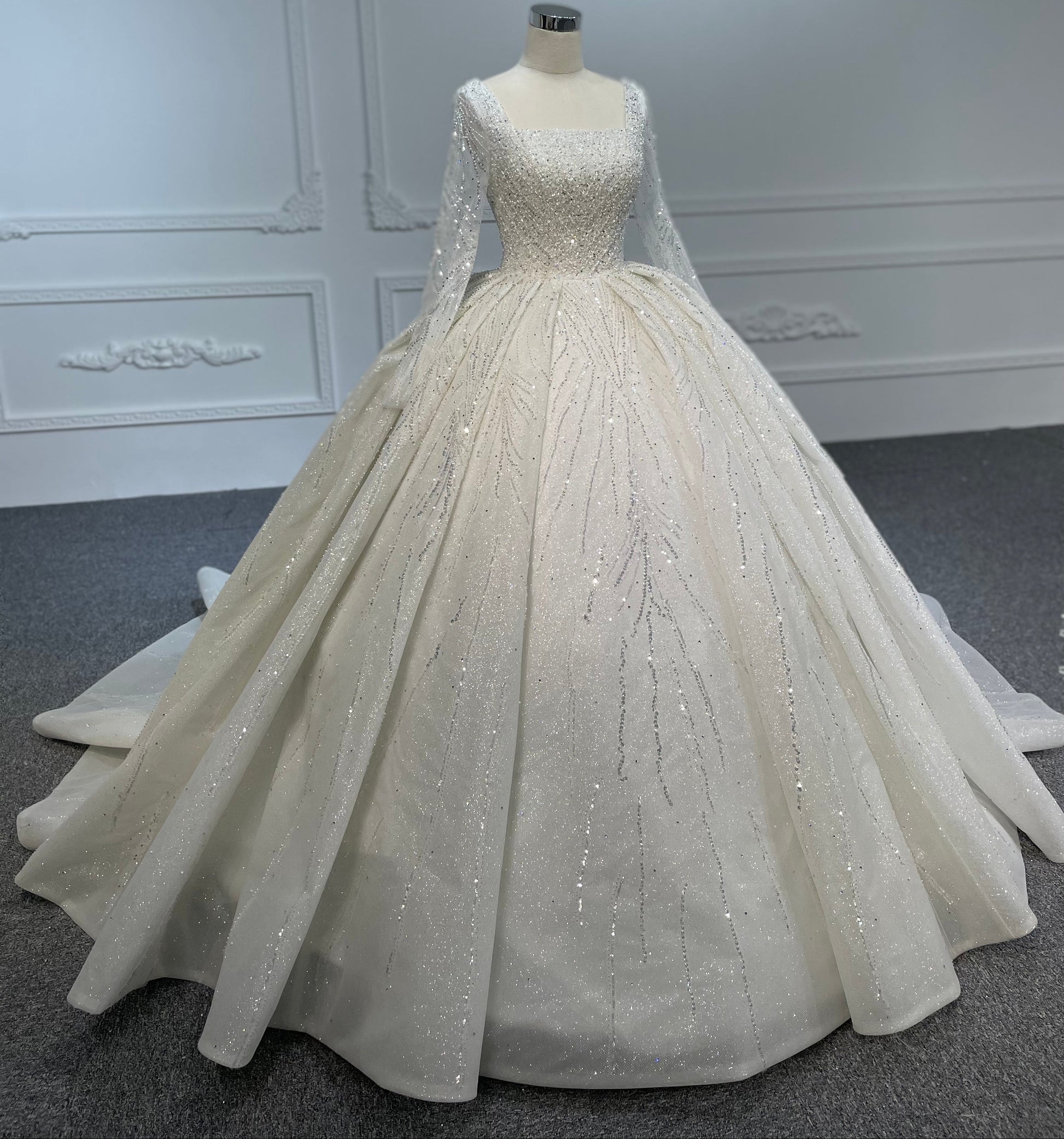 HINY BEADING LACE BALL GOWN WITH LONG SLEEVES - Plus Size Clothing