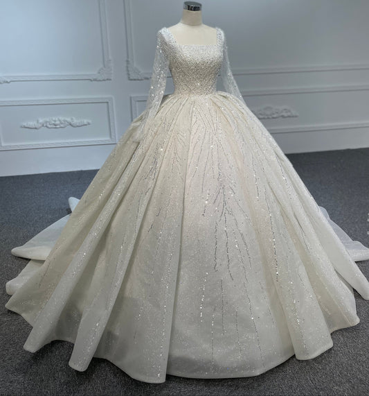 HINY BEADING LACE BALL GOWN WITH LONG SLEEVES - Plus Size Clothing