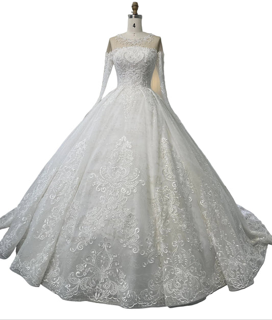 Ivory Vintage Off-Shoulder Long Sleeves Beading Lace Ball Gown - Plus Size Clothing
