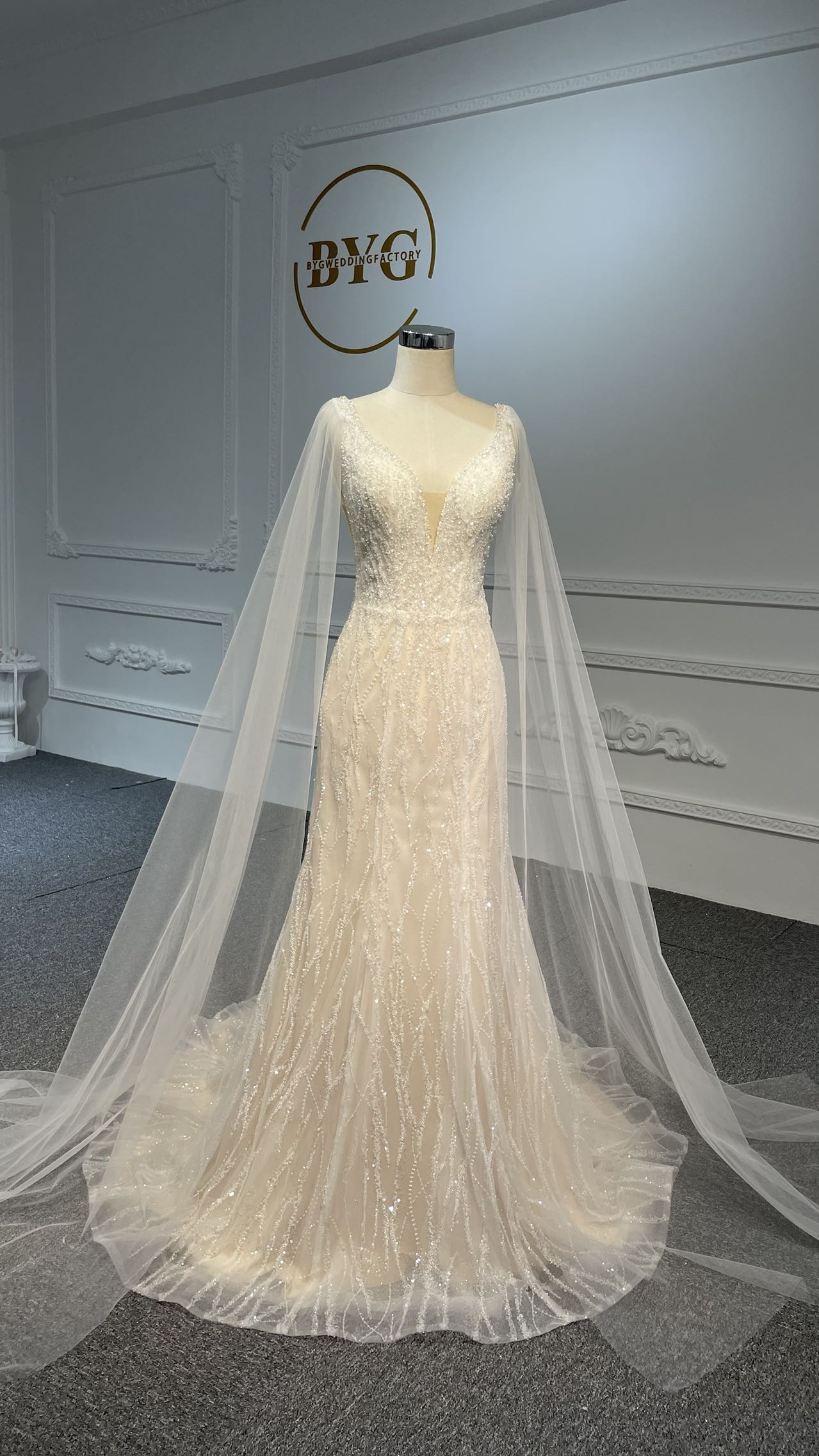 Plus Size Beaded Lace Ball Gown with Train