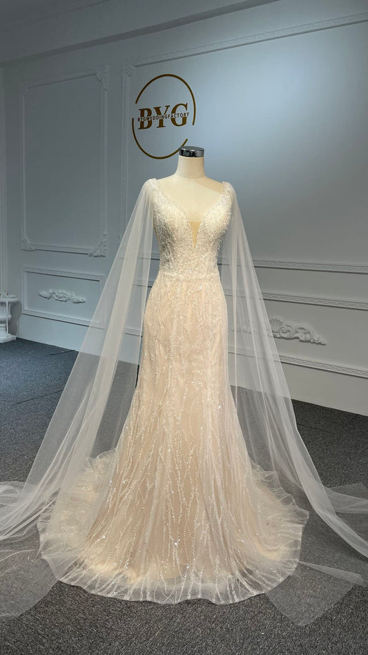 Plus Size Beaded Lace Ball Gown with Train