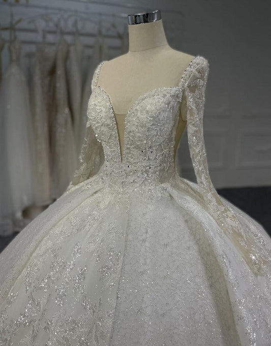 Plus Size Lace Ballgown Long Sleeve V-Neckline
