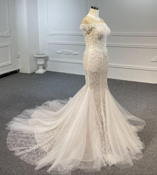Long tulle tail nude color mermaid dress with heavy beading lace - Plus Size Clothing