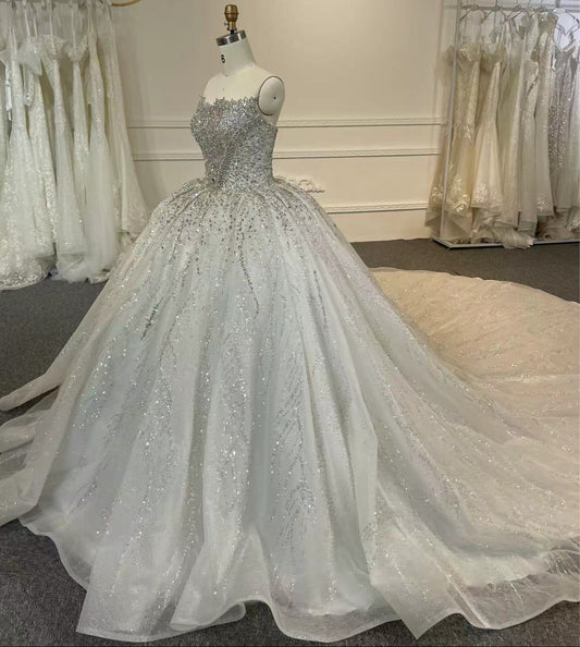 LUXURY DIAMOND SLEEVELESS WEDDING DRESS WITH 2 METERS TAIL - Plus Size Clothing
