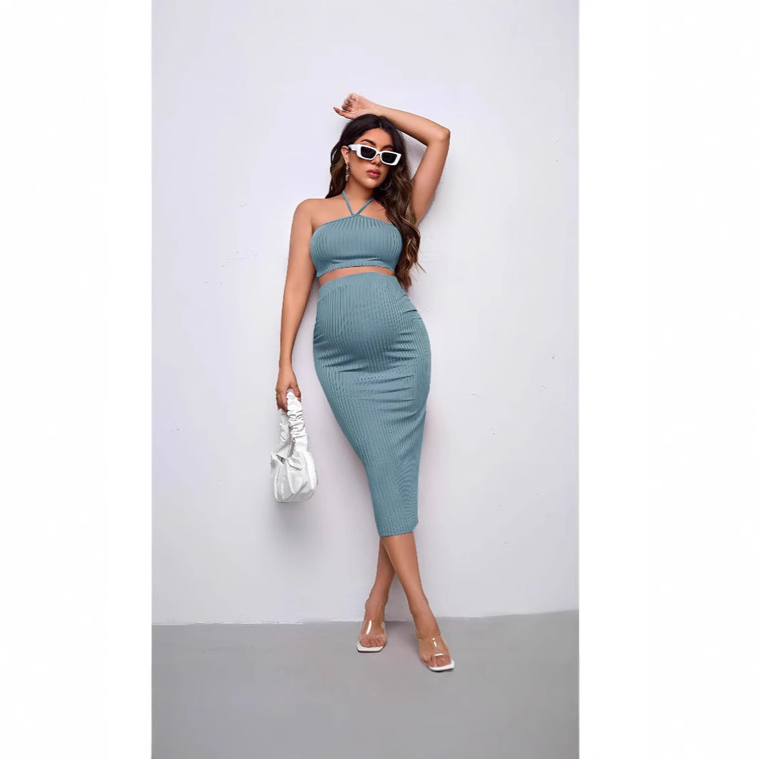 Maternity Knit Crop Top with Adjustable Waist Pencil Skirt Set, Ribbed Knit - Plus Size Clothing
