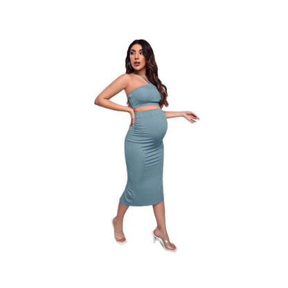 Maternity Knit Crop Top with Adjustable Waist Pencil Skirt Set, Ribbed Knit - Plus Size Clothing
