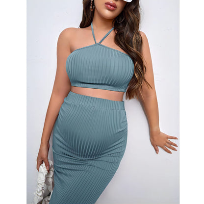 Maternity Knit Crop Top with Adjustable Waist Pencil Skirt Set, Ribbed Knit - Plus Size Clothing