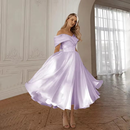 Plus Size Vintage Off-Shoulder Satin Midi Wedding Dress