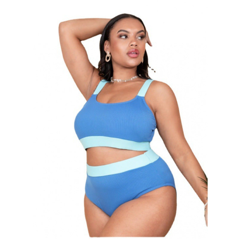 Sexy Pure Color Bikini Stitching High Waist Split Suit - Plus Size Clothing