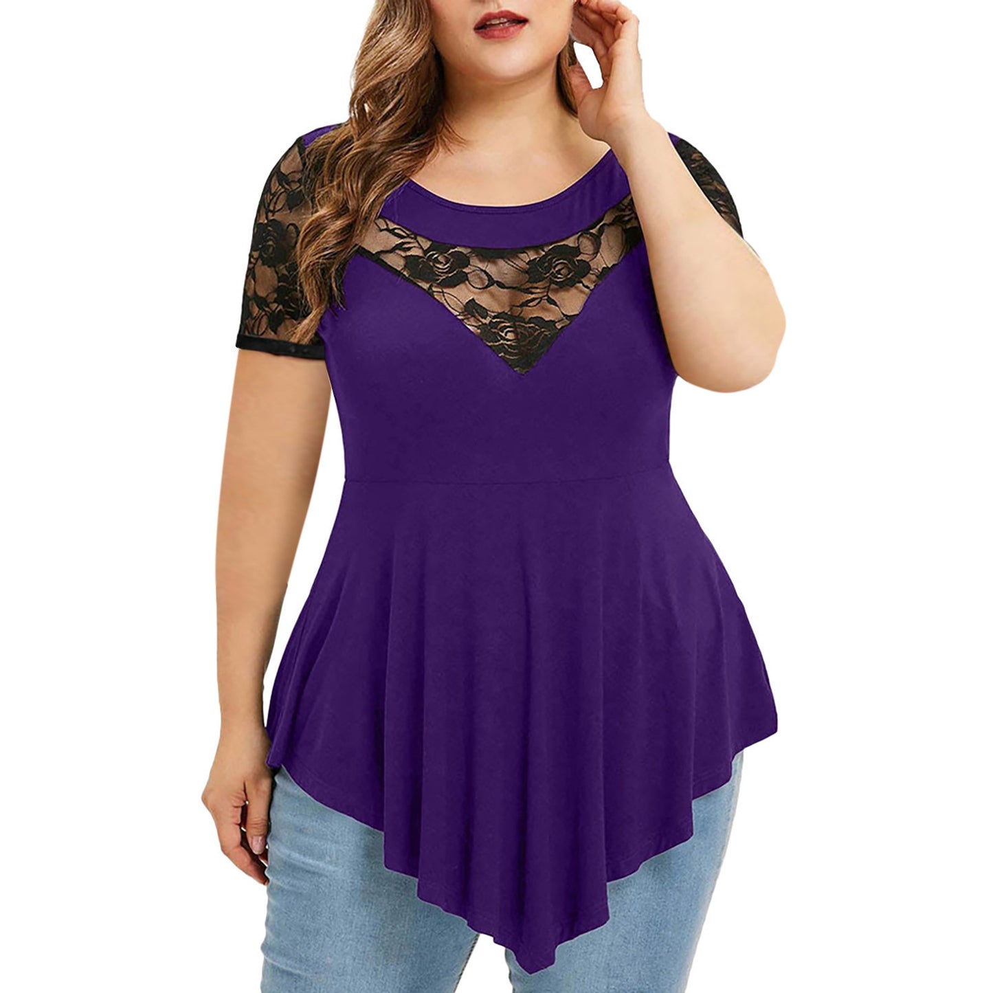 Plus Size Floral Lace Irregular Hem Blouse - Plus Size XL-4XL - View 4