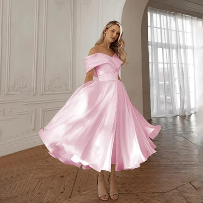 Plus Size Vintage Off-Shoulder Satin Midi Wedding Dress - Plus Size XL-4XL - View 7