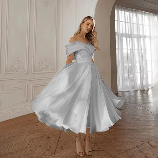Plus Size Vintage Off-Shoulder Satin Midi Wedding Dress