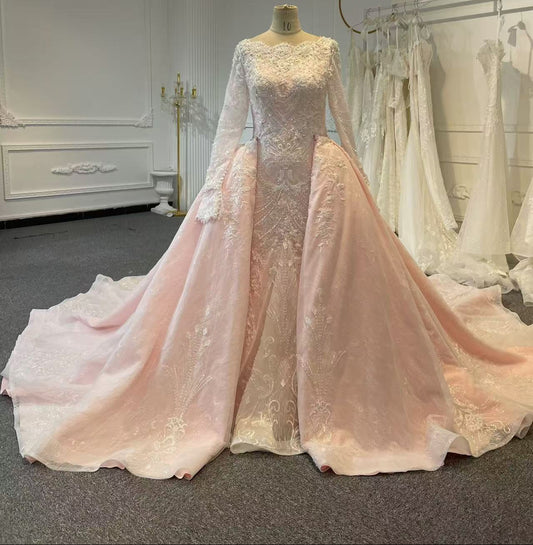 MUSLIM PINK FLOWER LACE MERMAID WEDDING DRESS - Plus Size Clothing