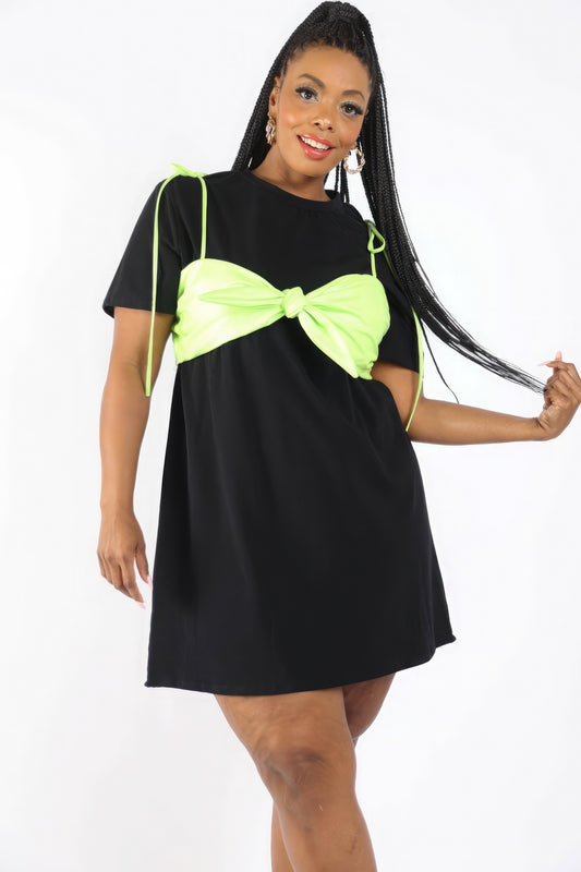 Matte Pu Bra Overlay T Shirt Dress - Plus Size Clothing