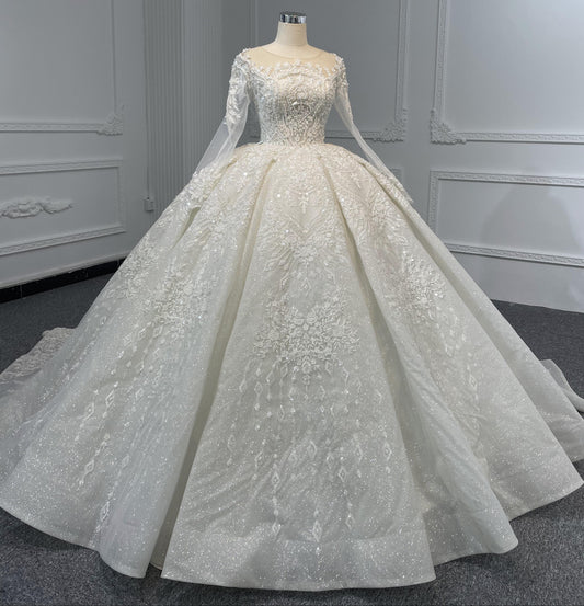 Vintage Heavy Beading Lace Ivory Long Sleeve Wedding Ball Gown - Plus Size Clothing
