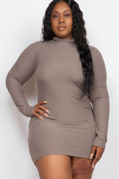 Plus Size Ribbed Long Sleeve Mock Neck Mini Bodycon Dress - Plus Size XL-4XL - View 1
