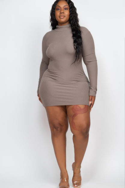 Plus Size Ribbed Long Sleeve Mock Neck Mini Bodycon Dress - Plus Size XL-4XL - View 2