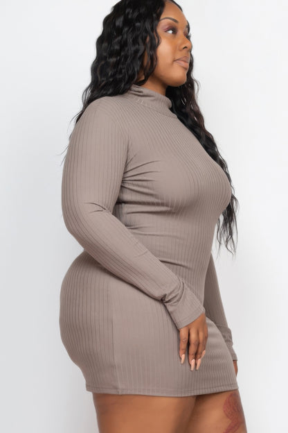 Plus Size Ribbed Long Sleeve Mock Neck Mini Bodycon Dress - Plus Size XL-4XL - View 3