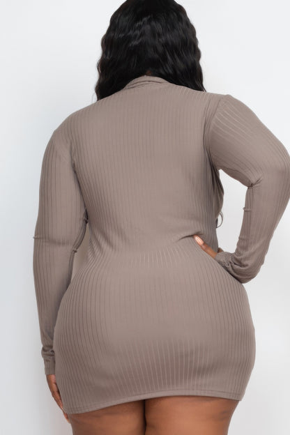 Plus Size Ribbed Long Sleeve Mock Neck Mini Bodycon Dress - Plus Size XL-4XL - View 5