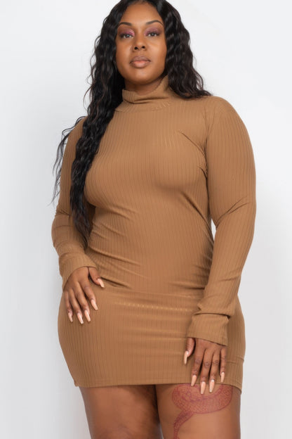 Plus Size Ribbed Long Sleeve Mock Neck Mini Bodycon Dress - Plus Size XL-4XL - View 7