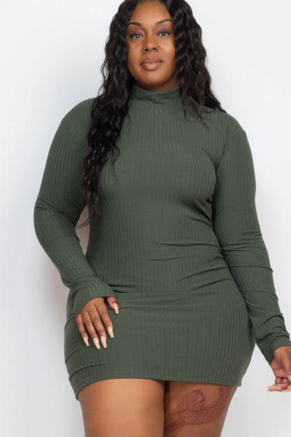 Plus Size Ribbed Long Sleeve Mock Neck Mini Bodycon Dress - Plus Size XL-4XL - View 8