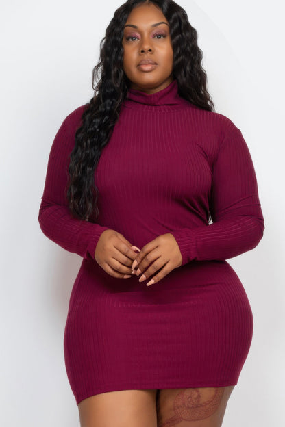 Plus Size Ribbed Long Sleeve Mock Neck Mini Bodycon Dress - Plus Size XL-4XL - View 9