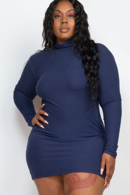 Plus Size Ribbed Long Sleeve Mock Neck Mini Bodycon Dress - Plus Size XL-4XL - View 10