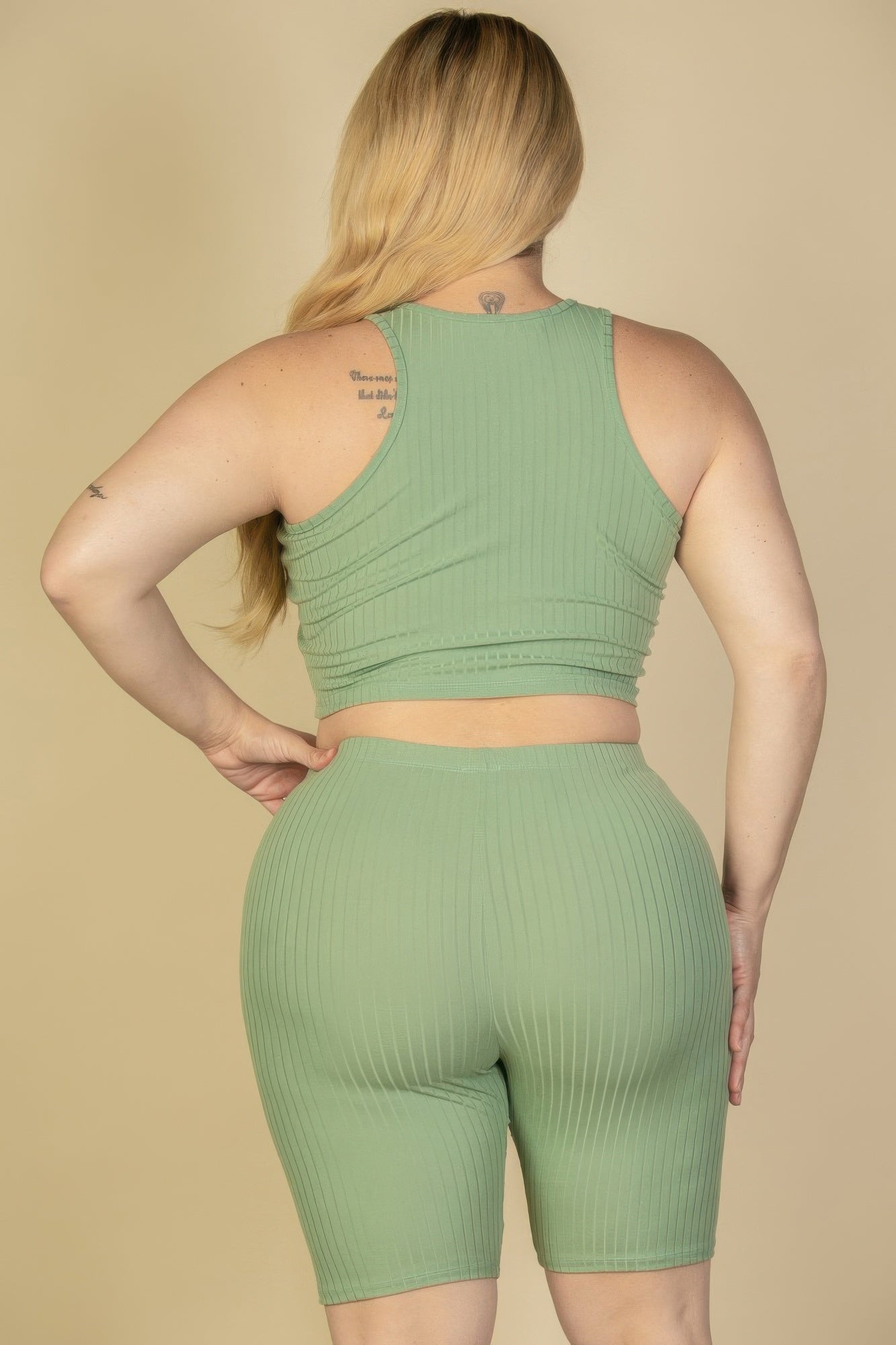 Plus Size Ribbed Cropped Tank Top And Biker Shorts Set