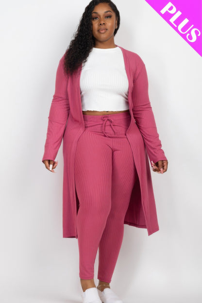 Plus Size Ribbed Long Cardigan & Leggings Set - Plus Size Clothing