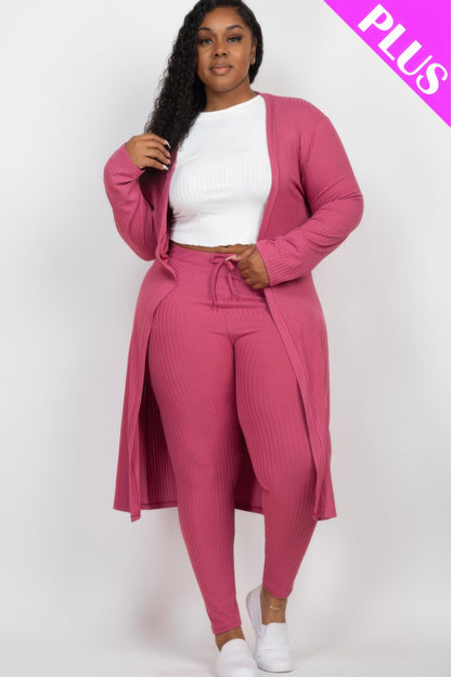 Plus Size Ribbed Long Cardigan & Leggings Set - Plus Size Clothing