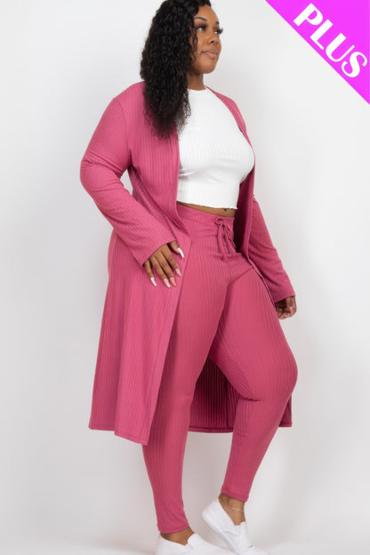 Plus Size Ribbed Long Cardigan & Leggings Set - Plus Size Clothing
