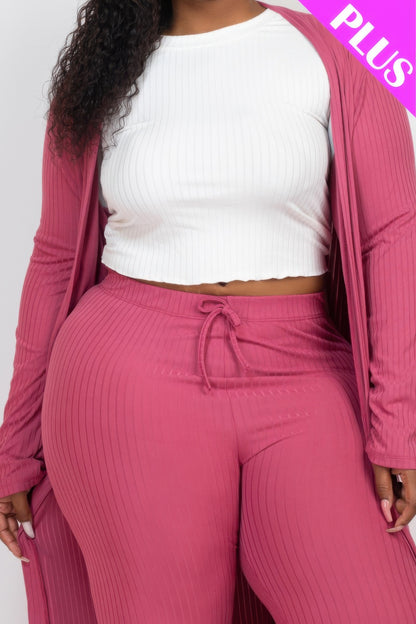 Plus Size Ribbed Long Cardigan & Leggings Set - Plus Size Clothing