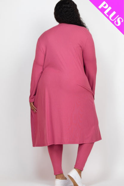 Plus Size Ribbed Long Cardigan & Leggings Set - Plus Size Clothing